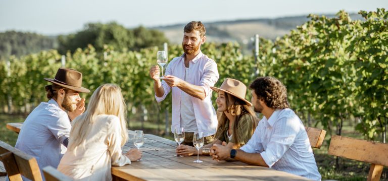 Amis buvant du vin à la table à manger sur le vignoble